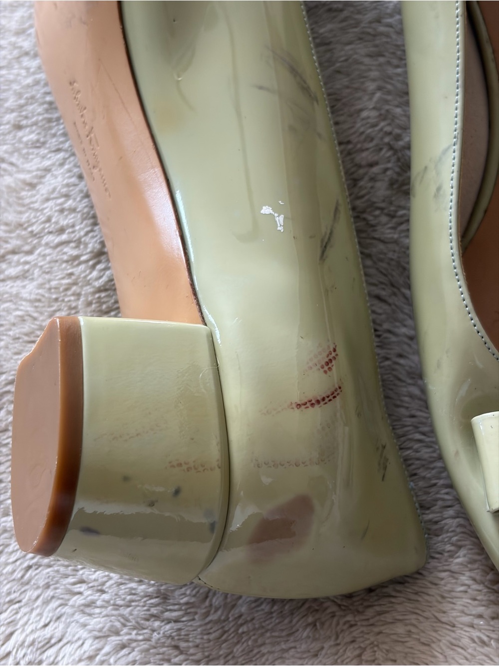 Salvatore Ferragamo Pale Green Patent Block Heel Pumps